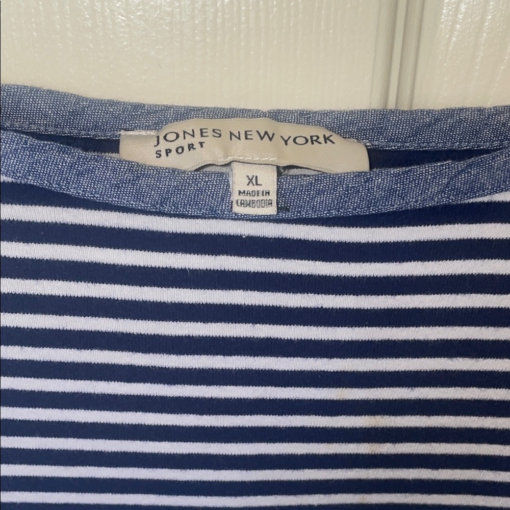 Jones New York Navy and White Striped Long Sleeve Top
